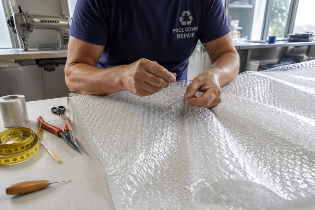 apprenez à coudre une bâche à bulle pour réparer votre couverture au lieu de la remplacer. une méthode simple et durable pour adopter une démarche de sobriété concrète et économique.